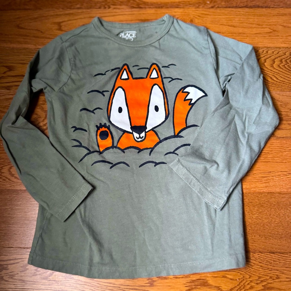 The Children's Place Long Sleeve Green and Orange Tee with Fox Design